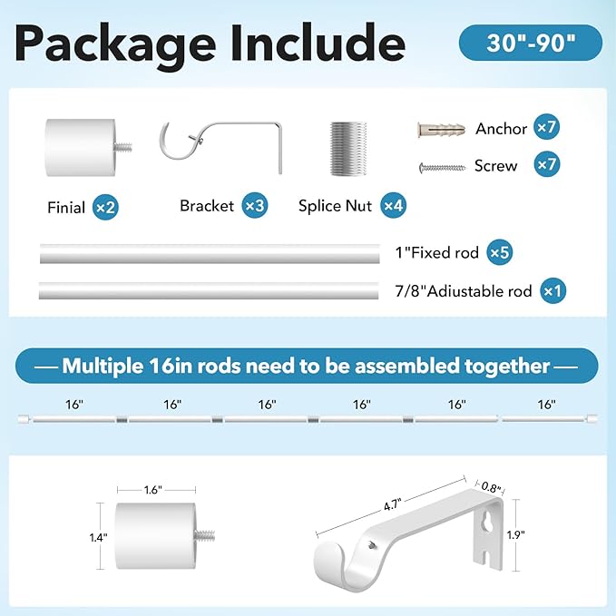 IFELS Heavy Duty Curtain Rods for Windows 48 to 84 Inch, 1 Inch White Curtain Rods for Outdoor, Farmhouse, Bedroom, Kitchen, Living Room, Adjustable Easy Install Drapery Rod (A2,White,30"-90")