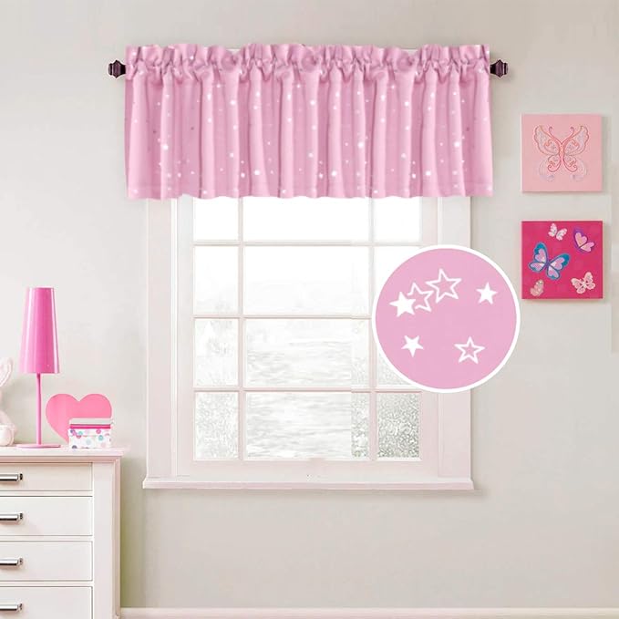 H.VERSAILTEX Blackout Curtain Valances for Kitchen Window/Living Room/Bathroom Privacy Added Rod Pocket Home Decoration Winow Valance, 52" W x 18" L, Glitter Stars in Pink Base (Pack of 4)