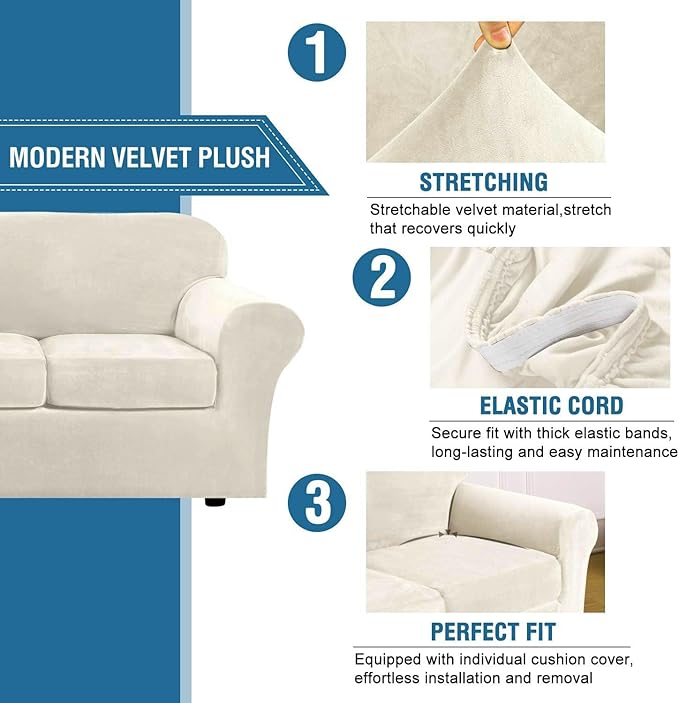 H.VERSAILTEX Real Velvet Plush 3 Piece Stretch Sofa Covers Couch Covers for 2 Cushion Couch Sofa Slipcovers Width Up to 90 Inch Feature Thick Soft Stay in Place (Large Sofa, Ivory)