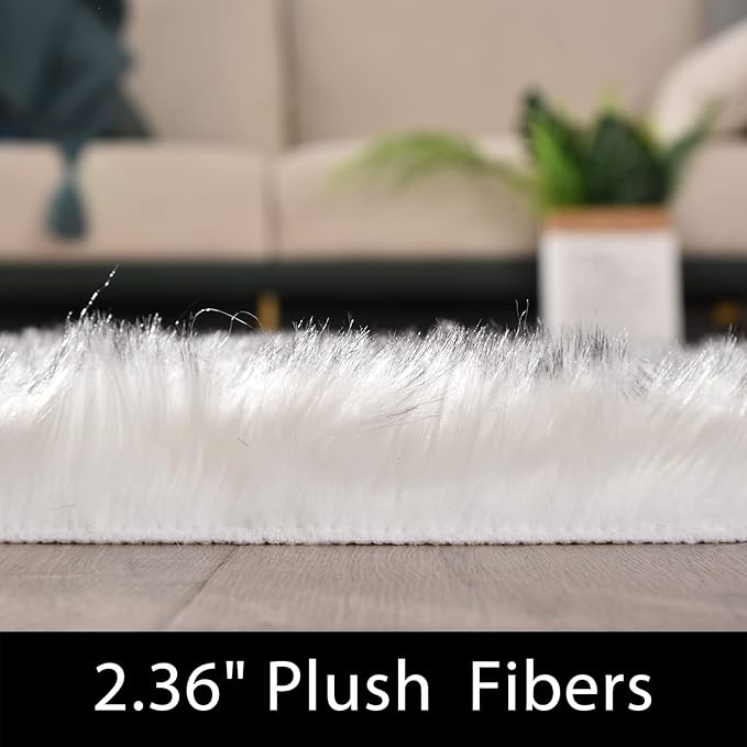 Latepis Large Circle Area Rugs for Living Room Round Rug 8ft Fluffy Bedroom White with Grey Tips Shaggy Rug Washable Shag Faux Fur Fuzzy Rug for Living Room