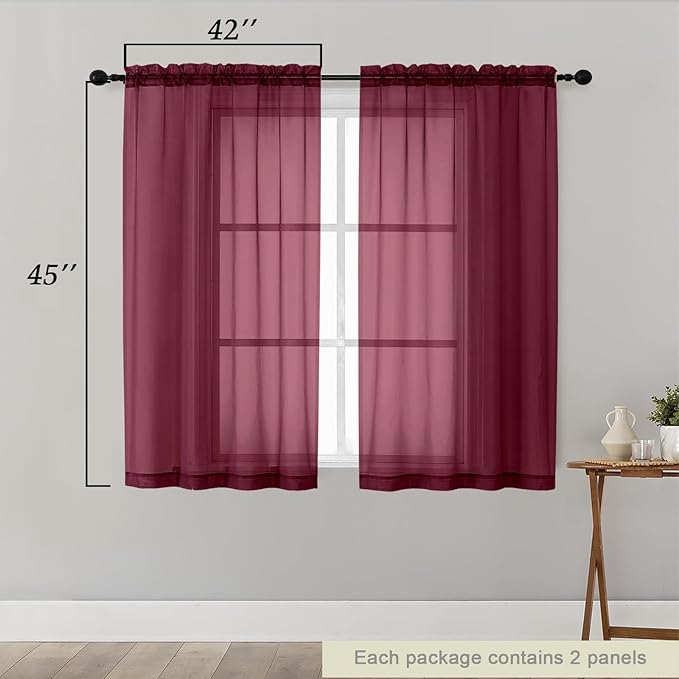 Burgundy Sheer Curtains for Bedroom Living Room 45 Inch Length 2 Panels, Soft Airy Light Filtering Small Kitchen Window Curtains, Rod Pocket Short Curtain Drapes, Burgundy, 42" Wx45 L Inches
