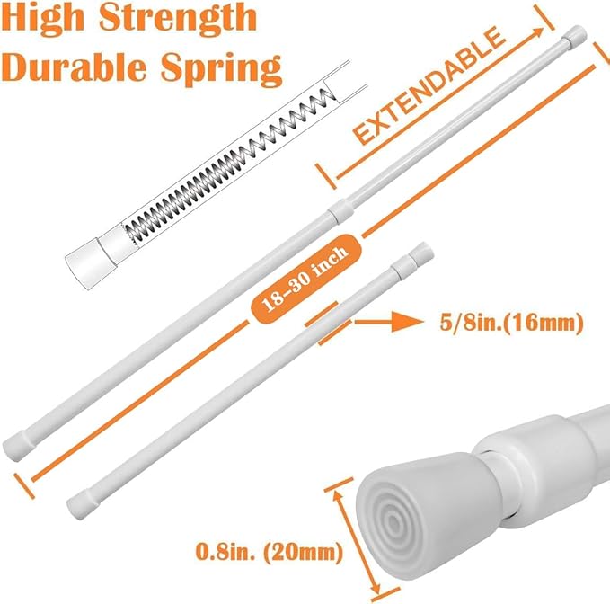 KXLife 2 Pack 5/8" Spring Tension Curtain Rod, Adjustable Tension Rods White 18 to 30 Inch, RV Tension Bars, Tension Rod for Closet
