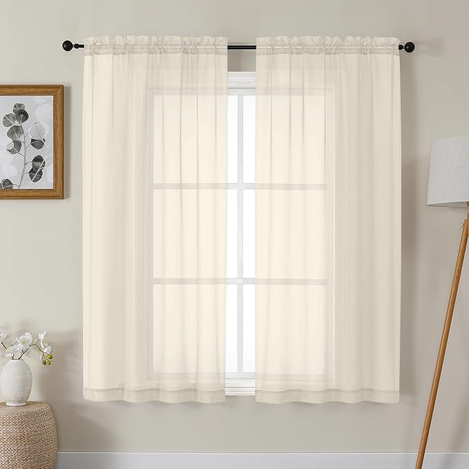 Gwine Cream Sheer Curtains 63 Inches Long 2 Panels Set, Voile Light Filtering Sheer Curtains for Living Room, Rod Pocket Window Treatments Drapes, Each 42" Wx63 L, Cream