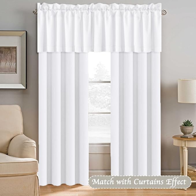 H.VERSAILTEX 2 Panels White Valance for Windows, Natural Blackout Curtains Valances for Small Windows/Living Room/Bedroom/Bathroom Rod Pocket 52" W x 18" L, Pure White，2 Packs