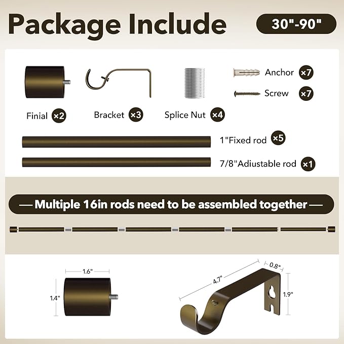 IFELS Heavy Duty Curtain Rods for Windows 48 to 84 Inch, 1 Inch Bronze Curtain Rods for Outdoor, Farmhouse, Bedroom, Kitchen, Living Room, Adjustable Easy Install Drapery Rod (A2,Bronze,30"-90")