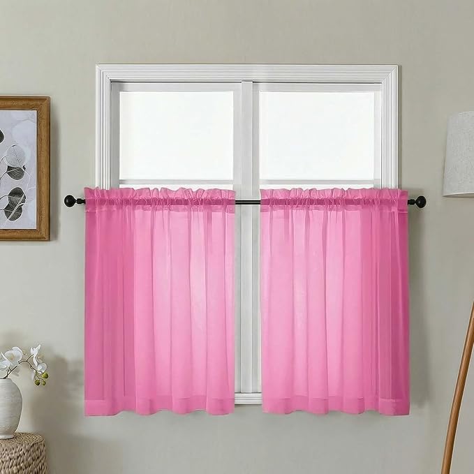 Gwine Short Kitchen Sheer Curtains 30 Inch Length - Light Filtering Voile Small Half Window Curtain for Basement, Rod Pocket Cafe Curtains for Bathroom Cabinet, 42Wx30L Inch, 2 Panels, Hot Pink