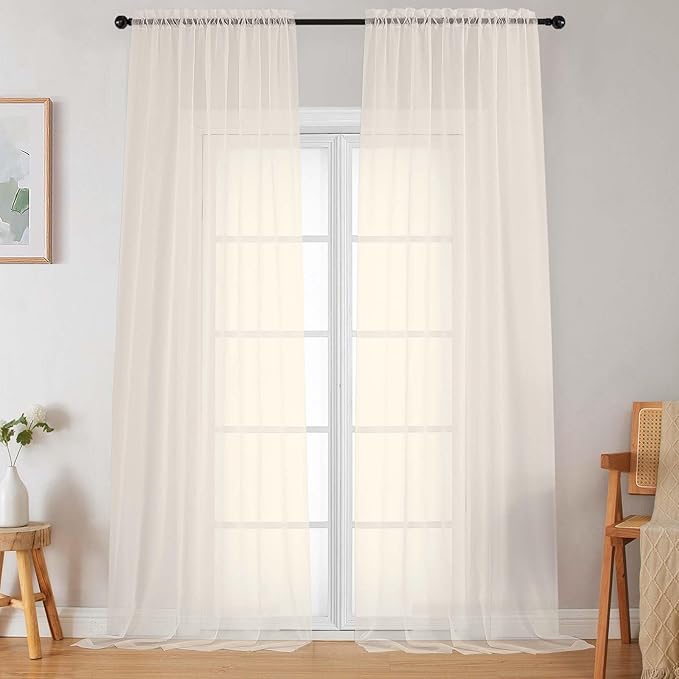 Extra Long Sheer Cream Curtains for Bedroom Living Room 108 Inches Long 2 Panels Set, Solid Soft Light Filtering Rod Pocket Sheer Window Curtains, Cream, Each 42" Wx108 L Inch