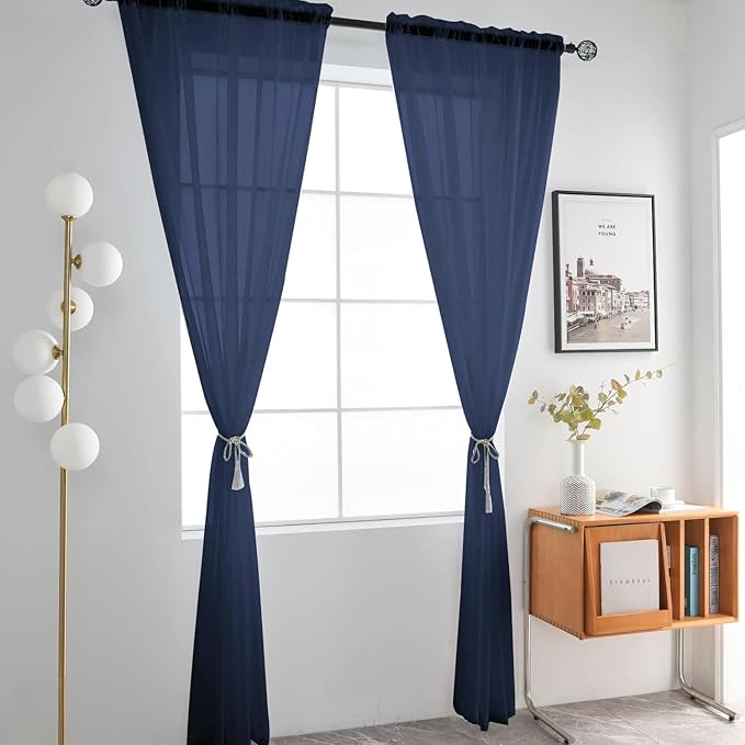 SpaceDresser Sheer Voile Window Treatment Rod Pocket Curtain Panels for Kitchen Bedroom Living Room Drapes Sunlight Filtering Privacy Semi Home Decor Assorted Colors Sizes (Navy, 52 W x 84 L)