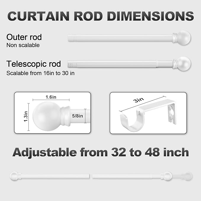 White Curtain Rods for Bedroom with Brackets,5/8 Inch Diameter Small Window Curtain Rod Adjustable 32 to 48 Inches,Easy Install Drapery Rods