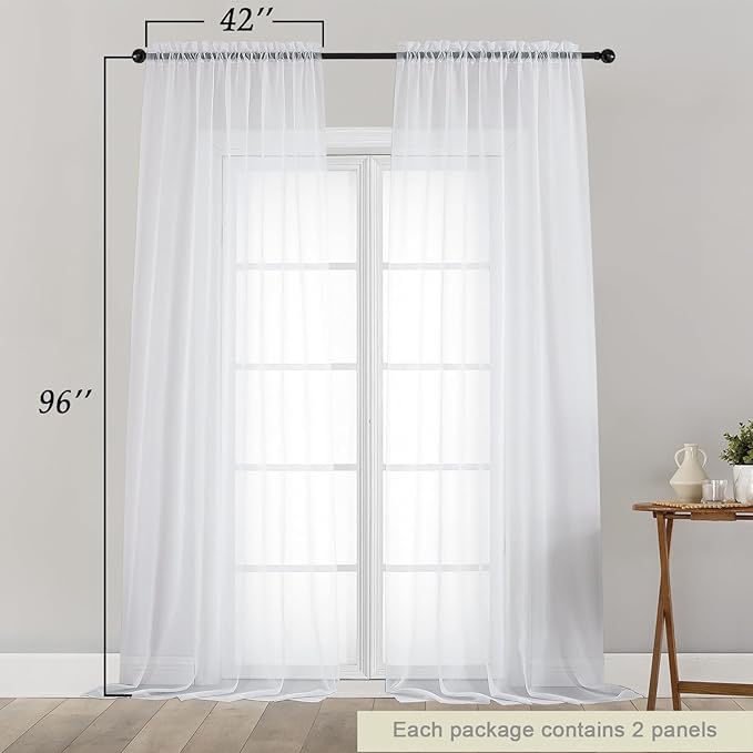 White Sheer Curtains for Bedroom Living Room 96 Inches Long 2 Panels, Modern Airy Soft Lightweight Rod Pocket Light Filtering Sheer Curtains Drapes, White, Each 42" Wx96 L Inch