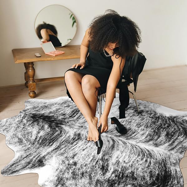AROGAN Western Decor Faux Fur Cowhide Rug, 4 x 3 Feet Premium Animal Skin Cow Hide Rug, Sturdy Cow Print Rugs for Wall Decor, Western Floor Carpet for Bedroom Living Room, Black and Grey