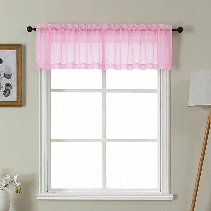 Gwine Small Valances for Windows - Light Filtering Short Window Curtain Valance, Soft Topper Treatment Sheer Curtain for Bathroom Laundry Basement, Each 42Wx14L inch, 2 Panels, Pink