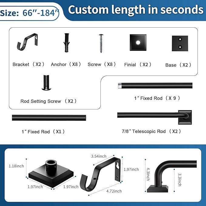 Black Curtain Rods for Windows 66-184 Inch(5.5-15.3ft) Heavy Duty Wrap Around Blackout Curtain Rods, Extra Long Adjustable Room Darkening Drapery Rod for Bedroom, Living Room & Outdoor Patio