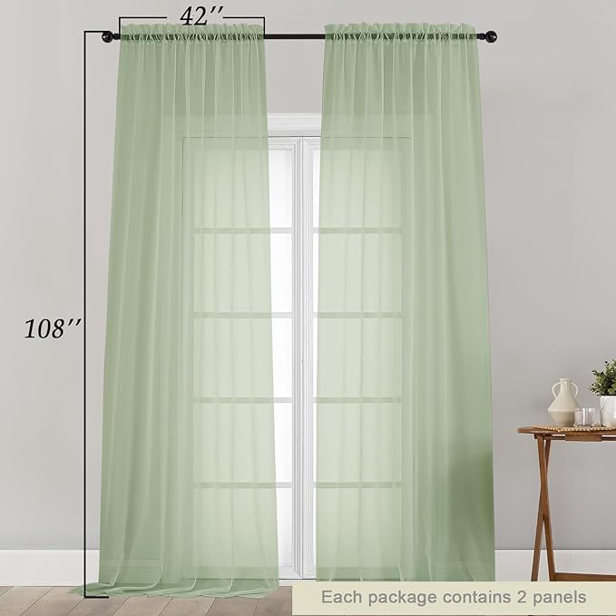 Extra Long Sheer Light Green Curtains for Bedroom Living Room 108 Inches Long 2 Panels Set, Solid Soft Light Filtering Rod Pocket Sheer Window Curtains, Light Green, Each 42" Wx108 L Inch