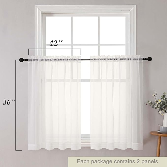Cafe Curtains 36 Inch Length Tier 2 Pieces, Modern Soft Airy Sheer Kitchen Short Curtains for Small Window, Rod Pocket Small Curtain for Bathroom Basement, Ivory, Each, 42" Wx36 L Inches