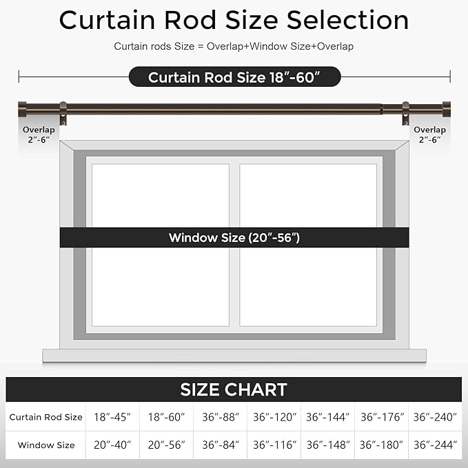 VOIIY 2 Pack Curtain Rods for Windows 28 to 48 Inch(1.5-5 Feet), Bronze 1'' Diameter Drapery Rods with End Cap Style Design,Modern Adjustable Heavy Duty Curtain Rod,Size:30''-60''
