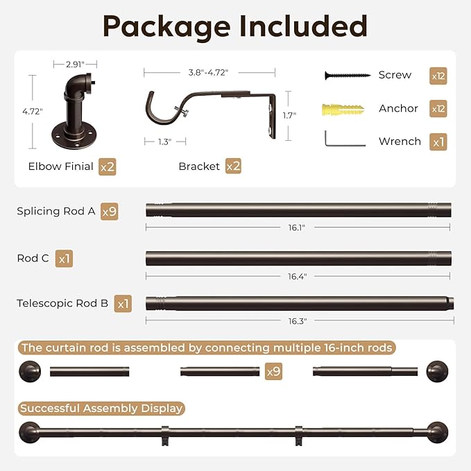 Zeerobee Curtain Rods for Windows 144 to 168, 1 Inch Industrial Wrap Around Antique Bronze Curtain Rod, Indoor/Outdoor Room Divider Adjustable Drapery Pole, 144"-168"