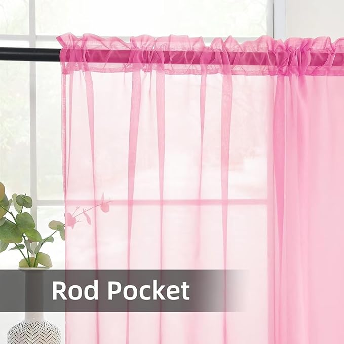 youleyar Solid Sheer Rod Pocket Curtain Voile Draperies 2 Panels White Beige Black Grey Ivory 60 Inch Width 96 Inch Long 1 Pair for Kitchen Bedroom Children Living Room Yard (Pink,60Wｘ96L)