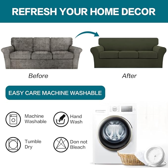 Turquoize 4 Piece Sofa Covers for 3 Cushion Couch Sofa Slipcover Soft Couch Cover for Dogs-Washable Sofa Furniture Cover with 3 Individual Cushion Covers (3 Cushion Sofa, Olive)