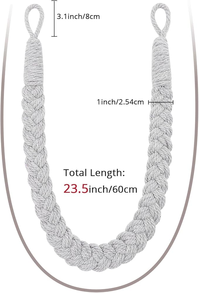 NICEEC 2 Pack Natural Cotton Rope Curtain Tiebacks Elegant Boho Style Decorative Drape Tie Backs Soft Hand-Woven Rope Curtain Holdbacks with Metal Hook for Home & Office Drapery (Light Grey)