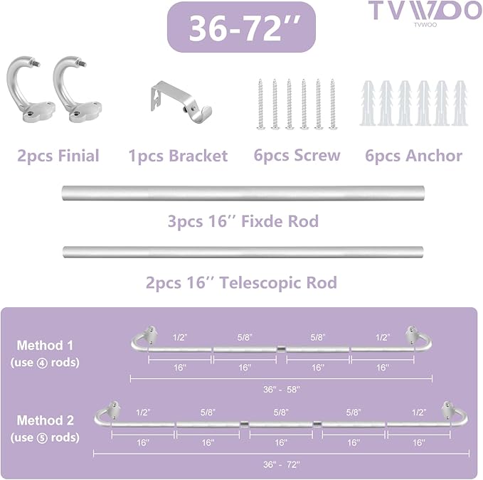 TVWOO Silver Wrap Around Curtain Rods:5/8 In Blackout Adjustable Window Curtain Rod for Bedroom Kitchen Apartment Renter Friendly,Room Darkening Curved Drapery Rods Easy Install,Antique Silver 36-72"