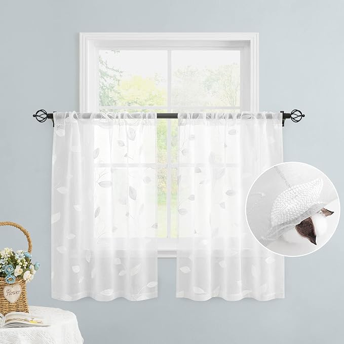 HOMEIDEAS White Sheer Kitchen Curtains 30 X 24 Inch Length 2 Panels Embroidered Leaf Pattern Short Curtains for Small Window Valance Tiers