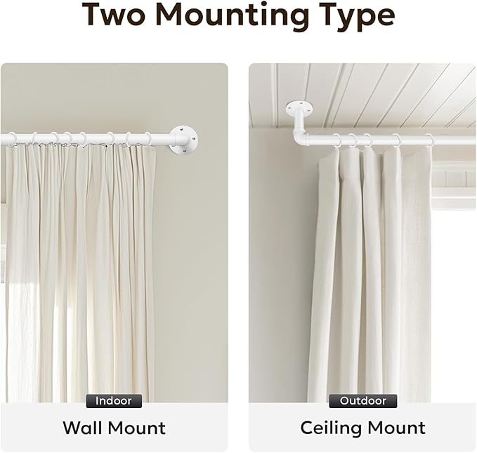 Zeerobee Curtain Rods for Windows 66 to 120, 1 Inch Industrial Wrap Around White Curtain Rod, Indoor/Outdoor Room Divider Adjustable Drapery Pole, 66"-120"