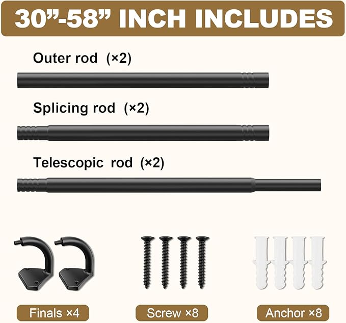 GXOACKJ Black Wrap Around Curtain Rods for Windows 28 to 60 inch,2 Pack 5/8 inch Adjustable Wrap Around Curtain Rod, Blackout Rods for Bedroom & Outdoor