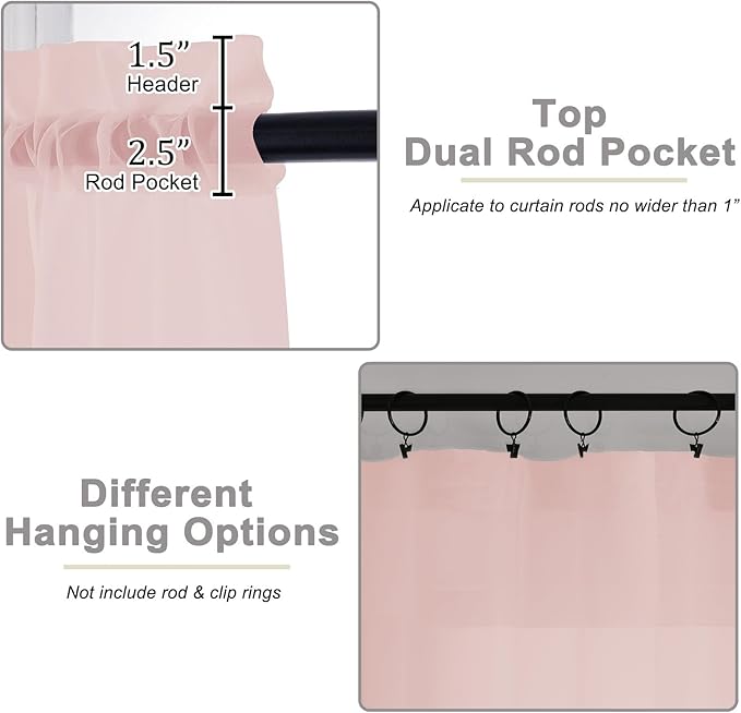 Sheer Blush Curtains for Bedroom Living Room 54 Inch Length 2 Panels Set, Solid Soft Airy Light Filtering Window Treatments, Modern Rod Pocket Drapes, Blush, 42" Wx54 L Inches