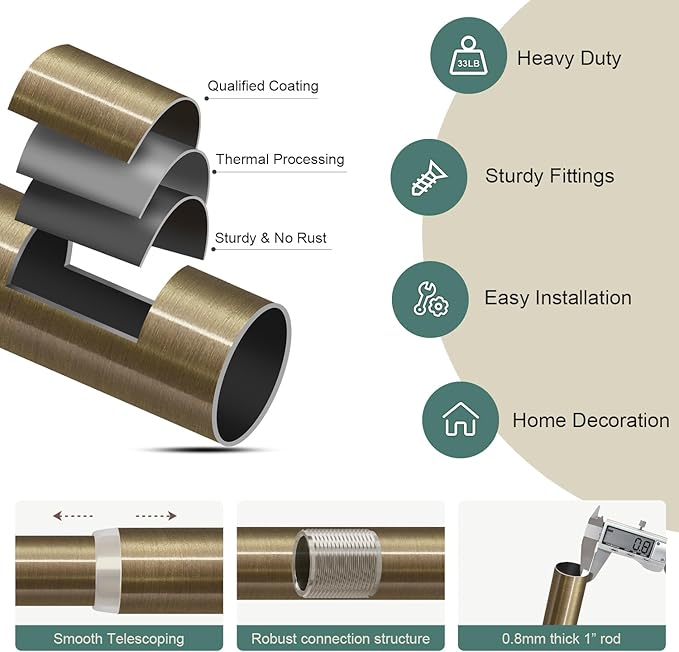 Lootkell 2 Pack Bronze Curtain Rods for Windows 66 to 120 Inches Adjustable Length Heavy Duty 1" Diameter Window Curtain Rod with Solid Metal Finials for Outdoor Farmhouse Bedroom Kitchen Living Room