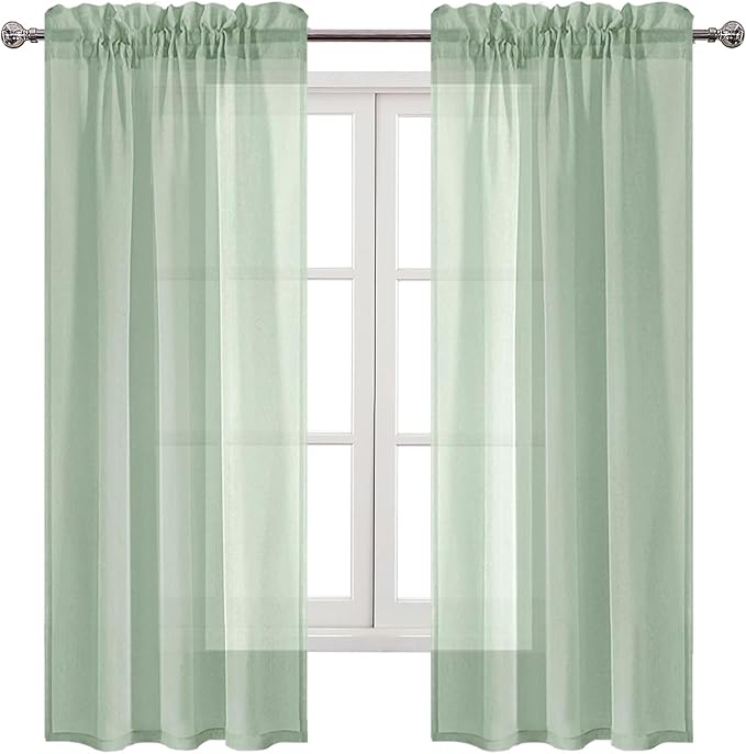 DWCN Bean Green Sheer Curtains Semi Transparent Voile Rod Pocket Curtains for Bedroom and Living Room, 42 x 63 inches Long, Set of 2 Panels