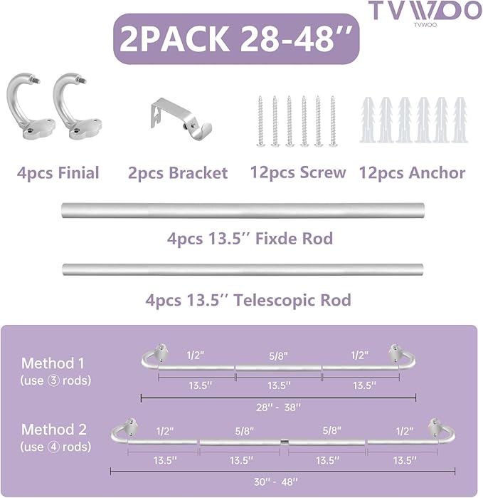 TVWOO Silver Wrap Around Curtain Rods 2Pack:Small Blackout Adjustable Window Curtain Rod for Bedroom Kitchen Apartment Renter Friendly,Room Darkening Curved Drapery Rods Easy Install,Nickel 28-48 Inch