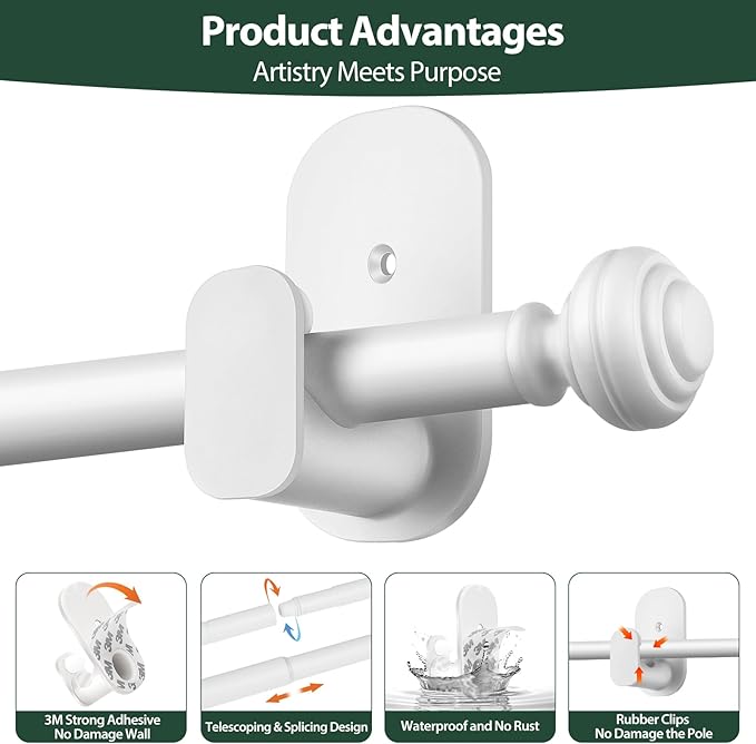 KAMANINA Curtain Rods No Drilling for Windows 32 to 86 Inches, 5/8 Inch Adjustable Renter Friendly Curain Rod with 3M Adhesive Brackets without Drilling, White 2 Pack