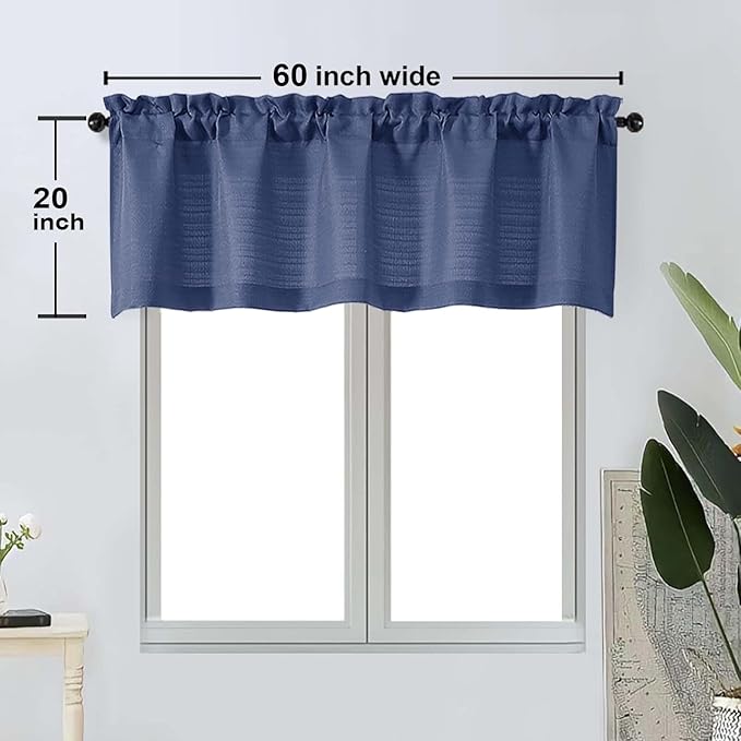 OWENIE Bob 1 PCS Blue Valances for Windows, Faux Linen Textured Kitchen Window Curtains Valance for Bedroom Living Room, Modern Soft Airy Solid Rod Pocket Bathroom Cafe Curtain, 60Wx20L Inch