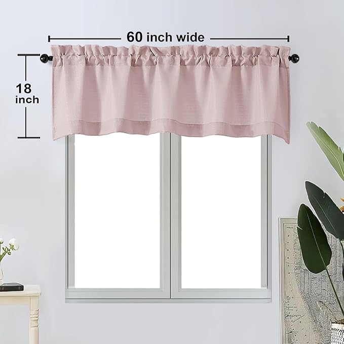 OWENIE Bob Valance Curtains 18 Inch Length 1 Piece, Faux Linen Slub Solid Blush Kitchen Valance for Bedroom Living Room, Farmhouse Soft Airy Rod Pocket Small Window Curtain, Each 60Wx18L Inch