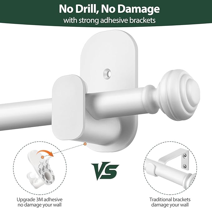 KAMANINA White Curtain Rod No Drilling 32 to 58 Inches, 5/8 Inch Adjustable Curtain Rods for Windows with 3M Adhesive Brackets without Drilling