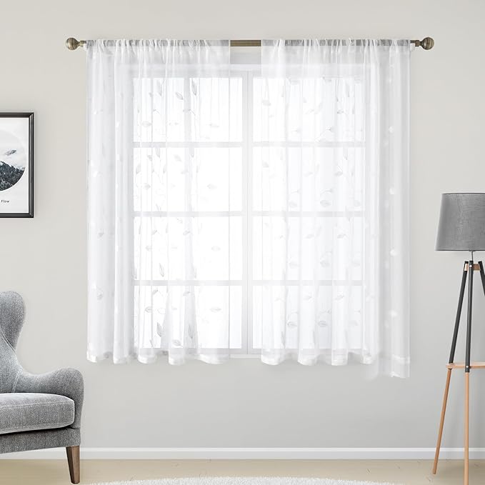 HOMEIDEAS White Sheer Kitchen Curtains 52 x 45 Inch Length 2 Panels Embroidered Leaf Pattern Short Curtains for Bedroom Half Small Window Rod Pocket Tiers