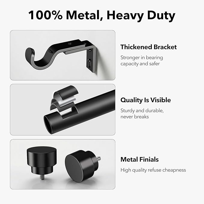 IFELS 2 Pack Heavy Duty Curtain Rods for Windows 48 to 84 Inch, 1 Inch Black Adjustable Curtain Rod Set with Easy Installation and Modern Design (A1,Black,30-90",2Pack)