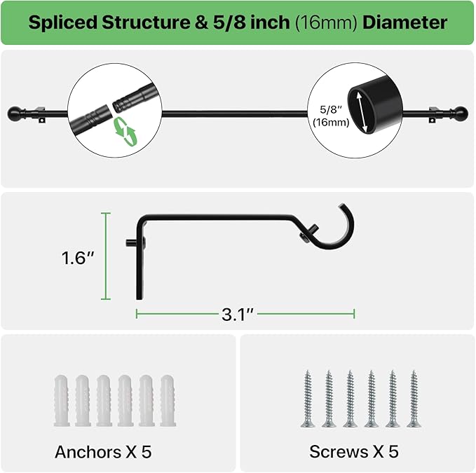 Curtain Rods for Windows 28 to 48 inch, 5/8 inch Black Curtain Rod Set with Brackets, Splicing Adjustable Metal Drapery Rod for Bedroom, Kitchen, Living Room, Matte Black