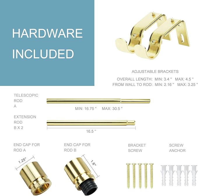 Byondeth Curtain Rods for Windows 16 to 48 or 60 Inches Max Adjustable Length 1 Inch Diameter Window Curtain Rod with Aluminium Finials, Gold