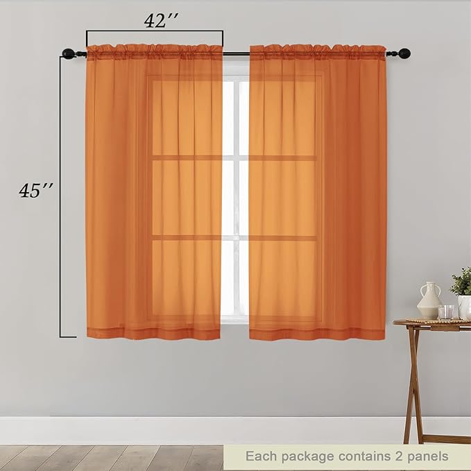 Orange Sheer Curtains for Bedroom Living Room 45 Inch Length 2 Panels, Soft Airy Light Filtering Small Kitchen Window Curtains, Rod Pocket Short Curtain Drapes, Orange, 42" Wx45 L Inches