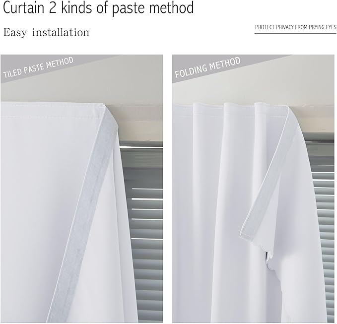 Self Adhesive Curtains Portable Blackout Curtain Simple and Easy to Install Bedroom Window Thermal Lnsulated Kitchen Room Darkening Black Small Drapes, 47" W X 84" L, White, 1 Panel