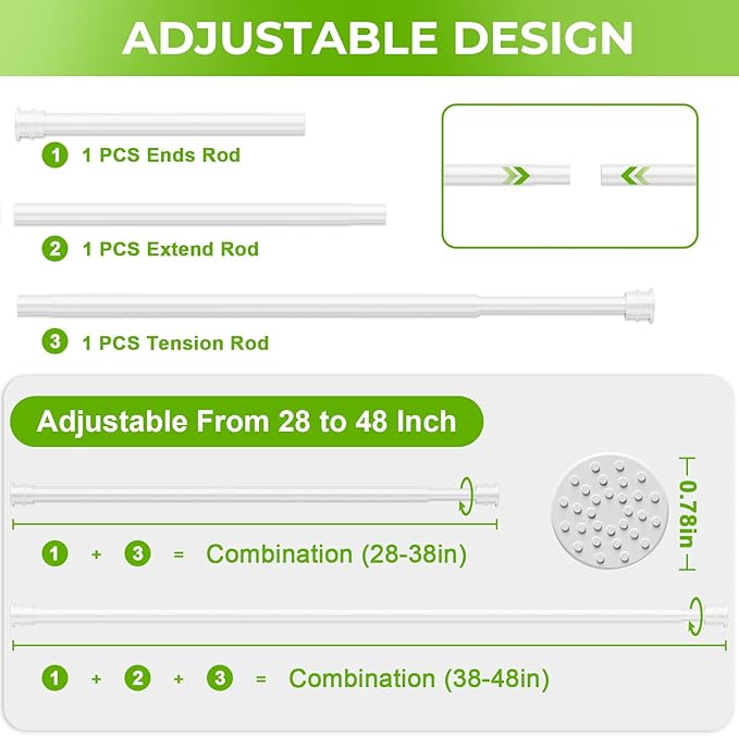 No Drill Tension Curtain Rods 28 to 48 Inch White Small Curtain Rod Adjustable No Drilling for Window,Kitchen,Closet,Doorway,Bedroom