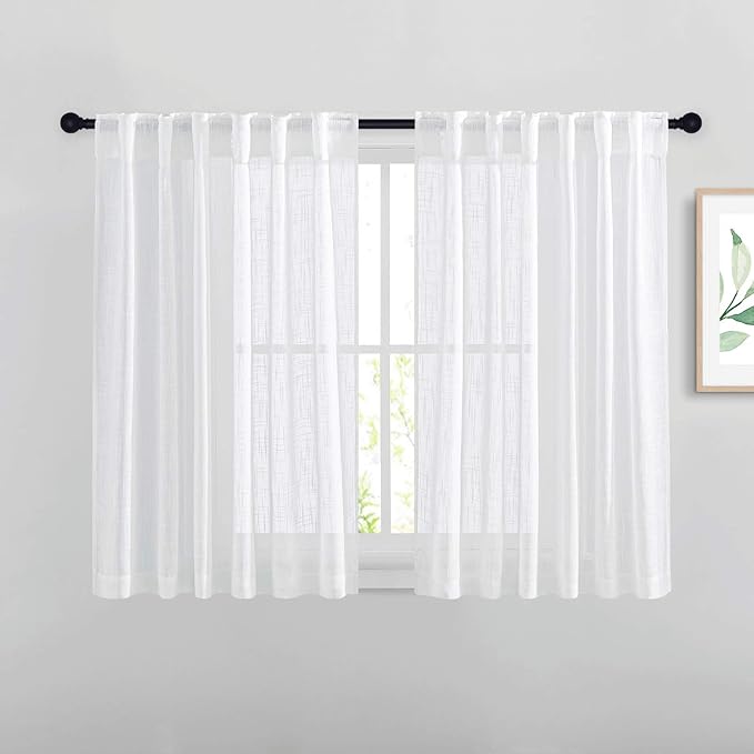 NICETOWN White Short Sheer Kitchen Curtains 45 inches Length, Linen Look Rod Pocket & Back Tab 2 Hanging Options Semi Sheer Vertical Drapes for Bedroom & Dining Room, 104" Wide Total 2 Pieces
