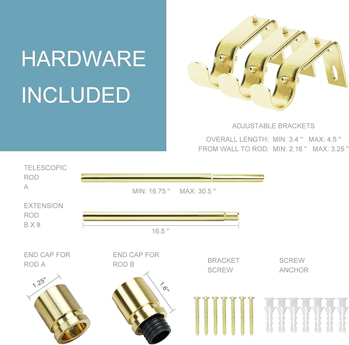 Byondeth Curtain Rods for Windows 16 to 144 Inches Adjustable Length 1 Inch Diameter Window Curtain Rod with Aluminium Finials, Gold