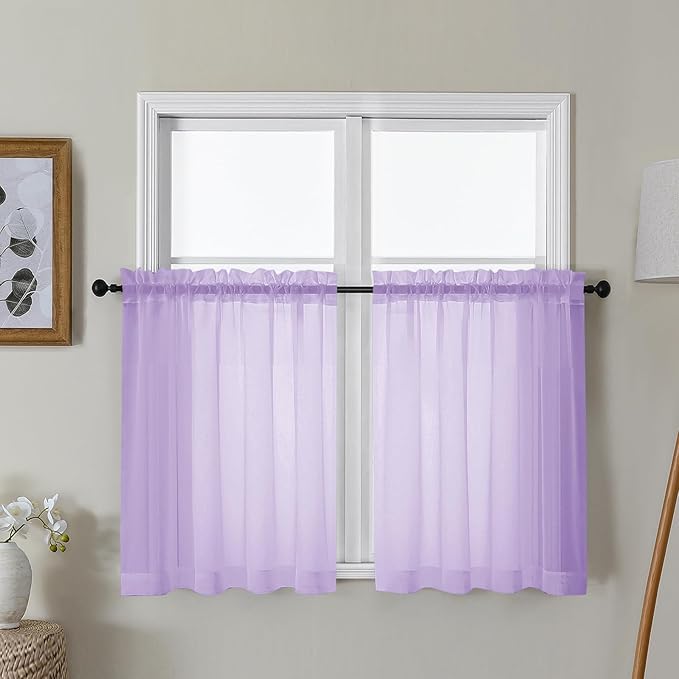 Gwine Lilac Sheer Curtains 30 Inch Length, Short Light Filtering Voile Small Cafe Kitchen Curtains with Rod Pocket, Short Curtain for Bathroom Window, 42x30 Inch, 2PCS
