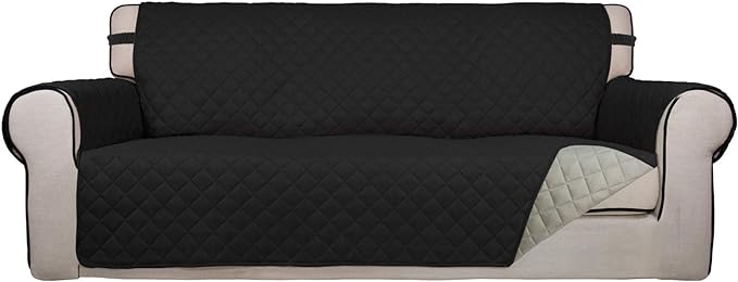 PureFit Reversible Quilted Sofa Cover, Water Resistant Slipcover Furniture Protector, Washable Couch Cover with Non Slip and Elastic Straps for Kids, Dogs, Pets (Oversized Sofa, Black/Beige)