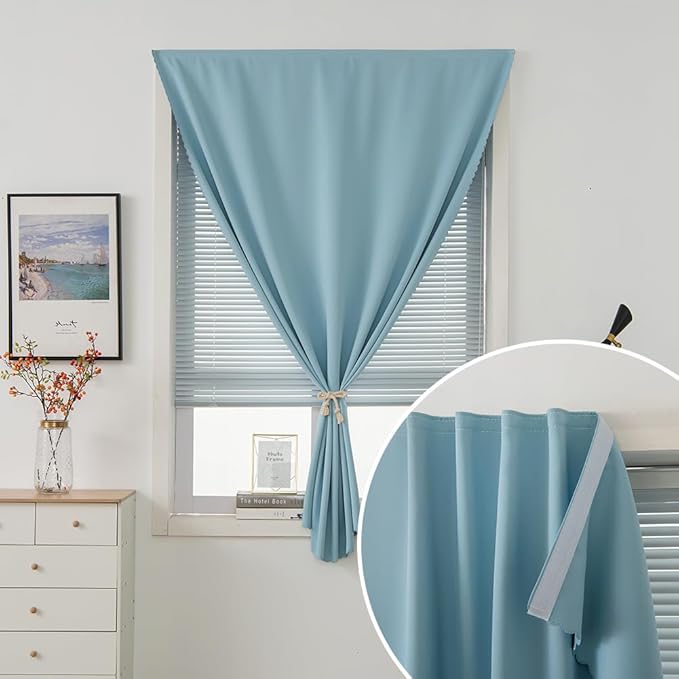Self Adhesive Curtains, Portable Blackout Curtains Fabric Curtains for Living Room No Drilling, 59" W X 96" L, Lake Blue, 1 Panel