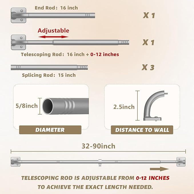 UIOSANRT Wrap Around Curtain Rods for Windows 48 to 84 inch,5/8" Small Diameter Adjustable Heavy Duty Silver Curtain Rod With Brackets Blackout Curtain Rod