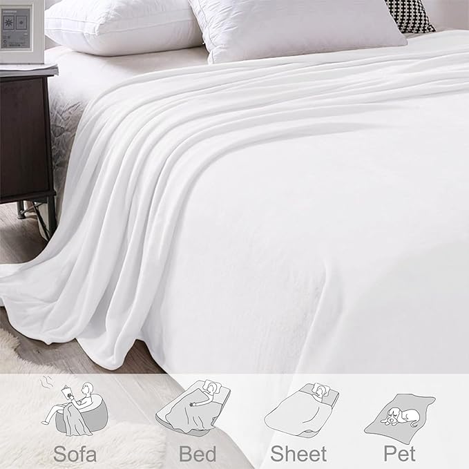 Exclusivo Mezcla Fleece Blanket King Size for Bed, Super Soft and Warm, All Season, Cozy, Plush, Lightweight, 90x104 Inches, Pure White